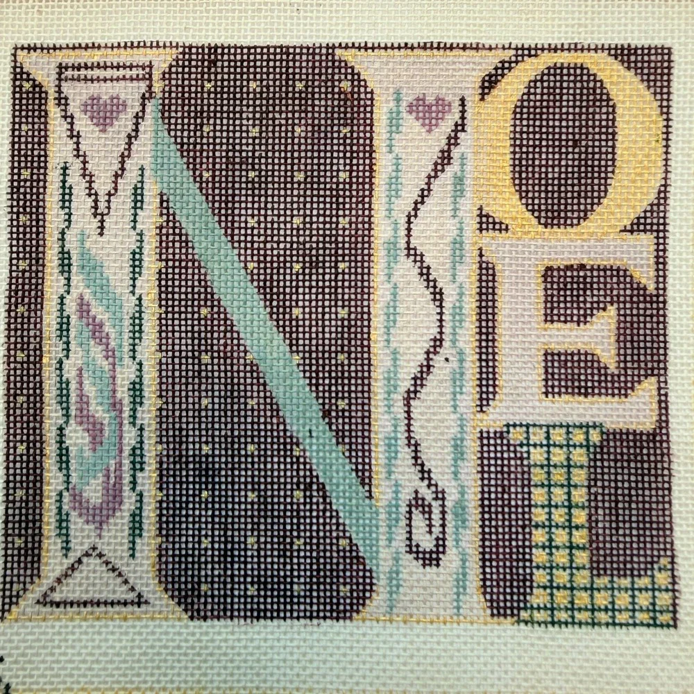 Vintage Needlepoint Canvas NOEL Christmas Typography Pastel Hand Painted